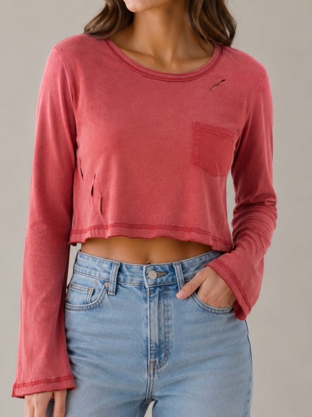 POL Women’s Long Sleeve Cotton Distressed Top Size S NWOT